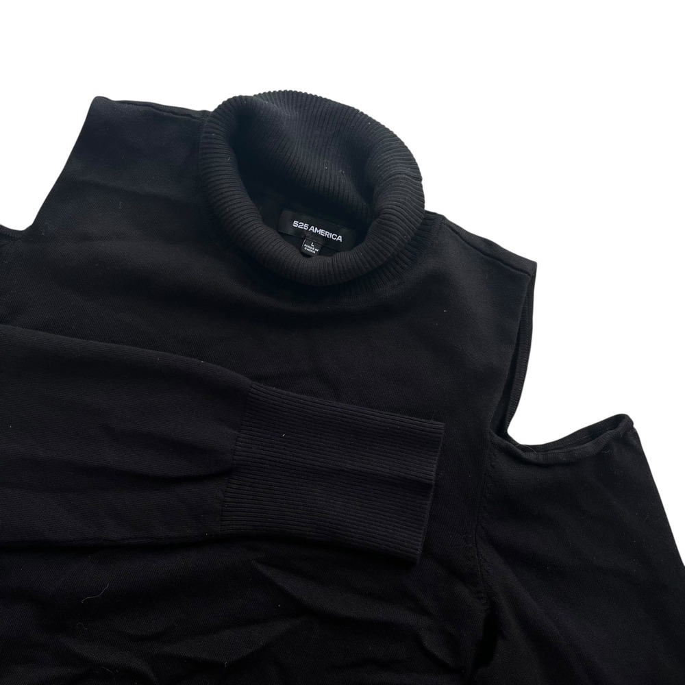525 America Women Sz L Black Cold Shoulder Turtleneck Ribbed Knit Sweater Grunge - Picture 1 of 15